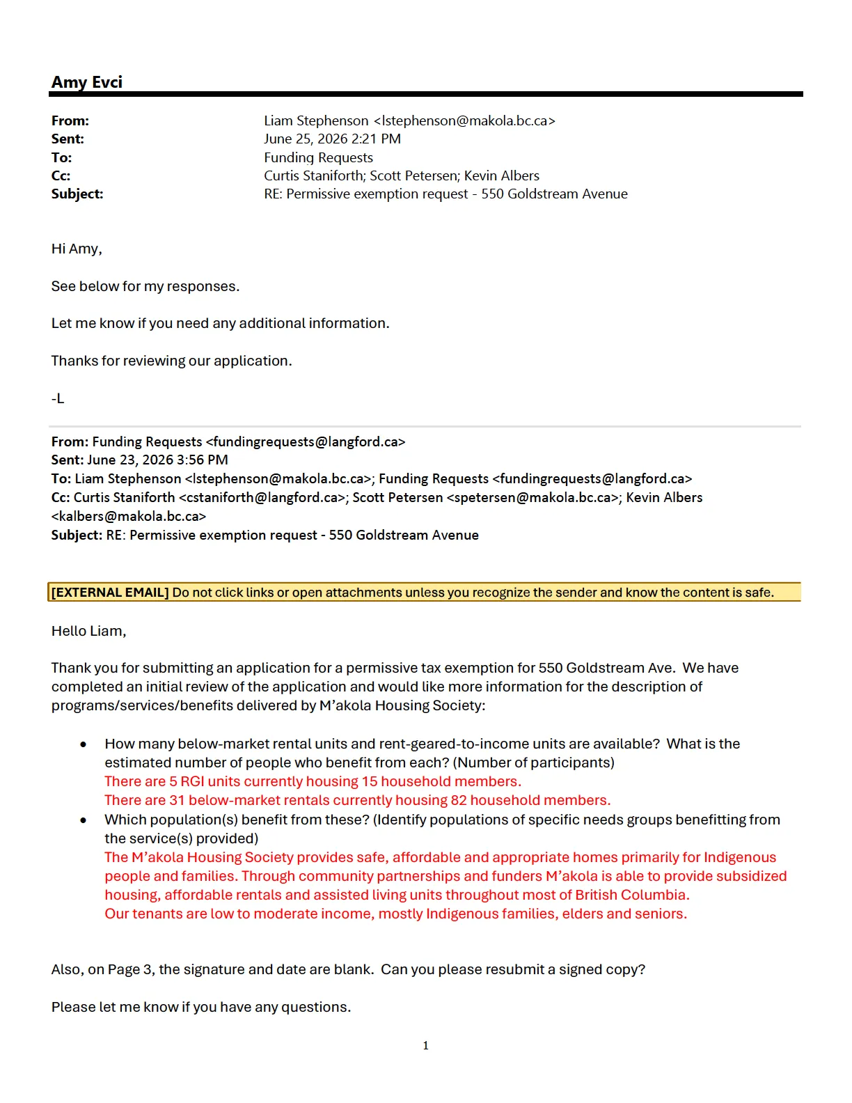 City of Langford permissive tax exemption application form, showing organization and contact details.