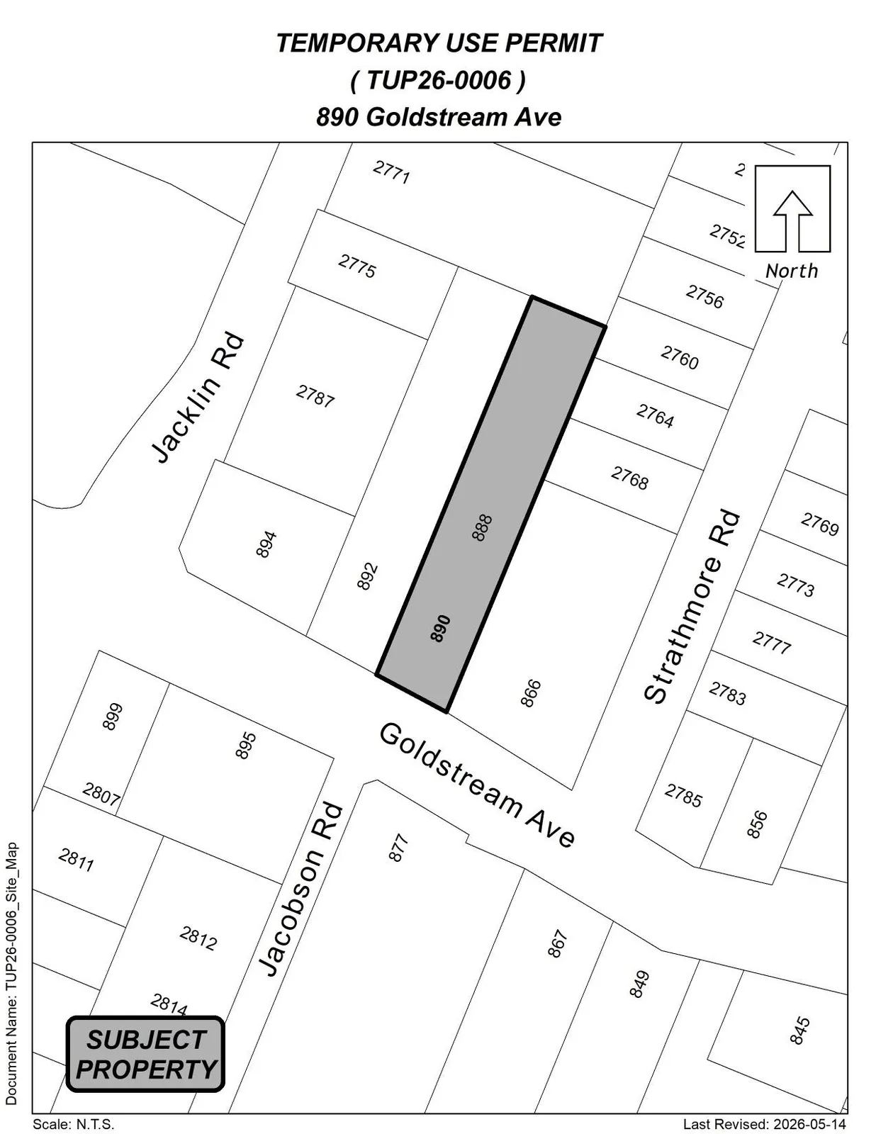 Site map for Temporary Use Permit TUP26-0006 at 890 Goldstream Ave., showing the subject property.