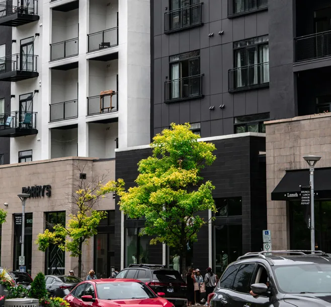 Mixed-use building with active commercial frontage.