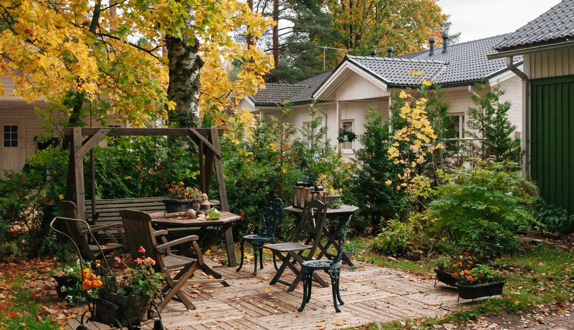 Landscaped outdoor area with durable materials.