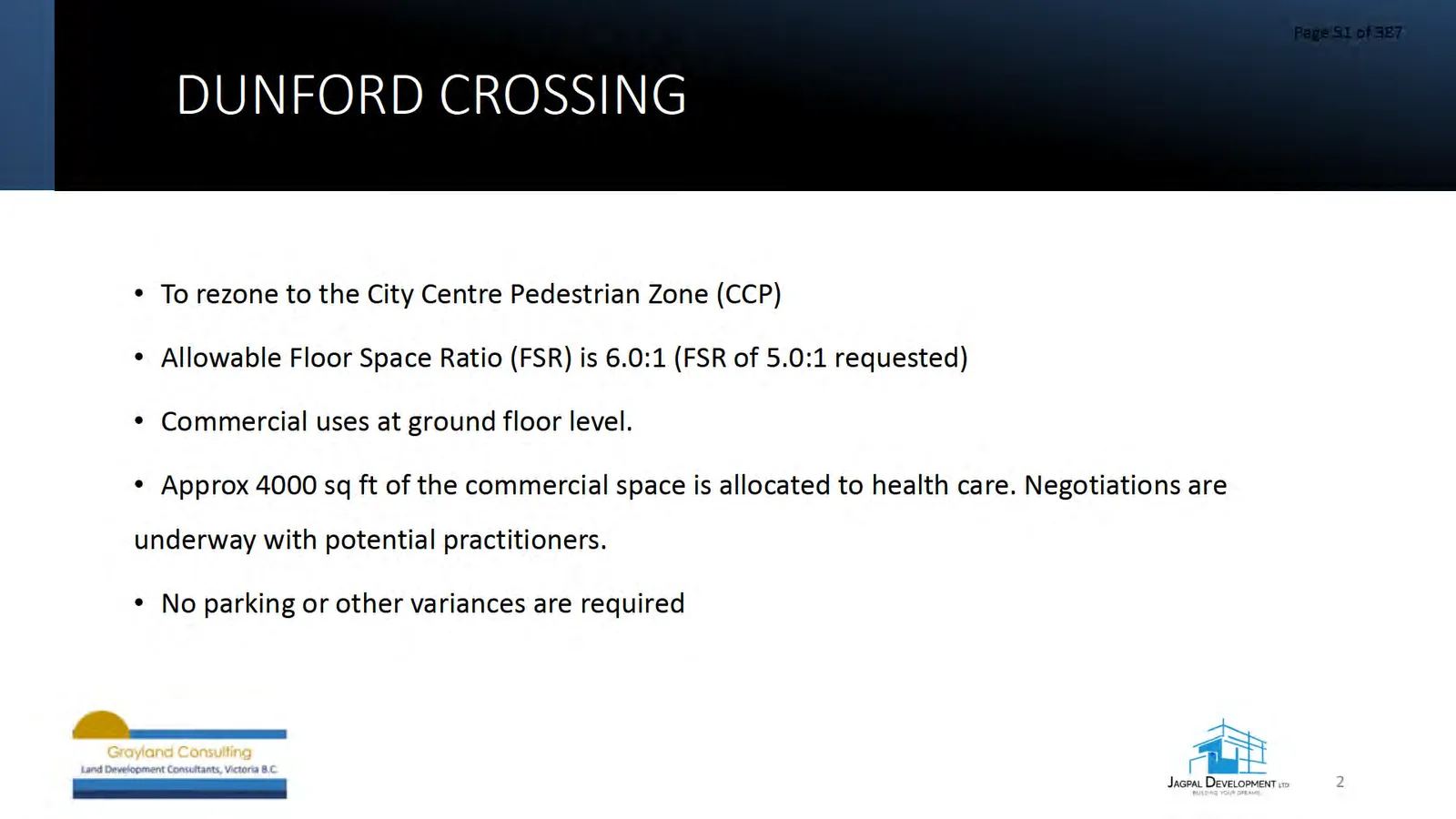 Presentation slide titled "DUNFORD CROSSING" — Official Community Plan and Development Permit notes