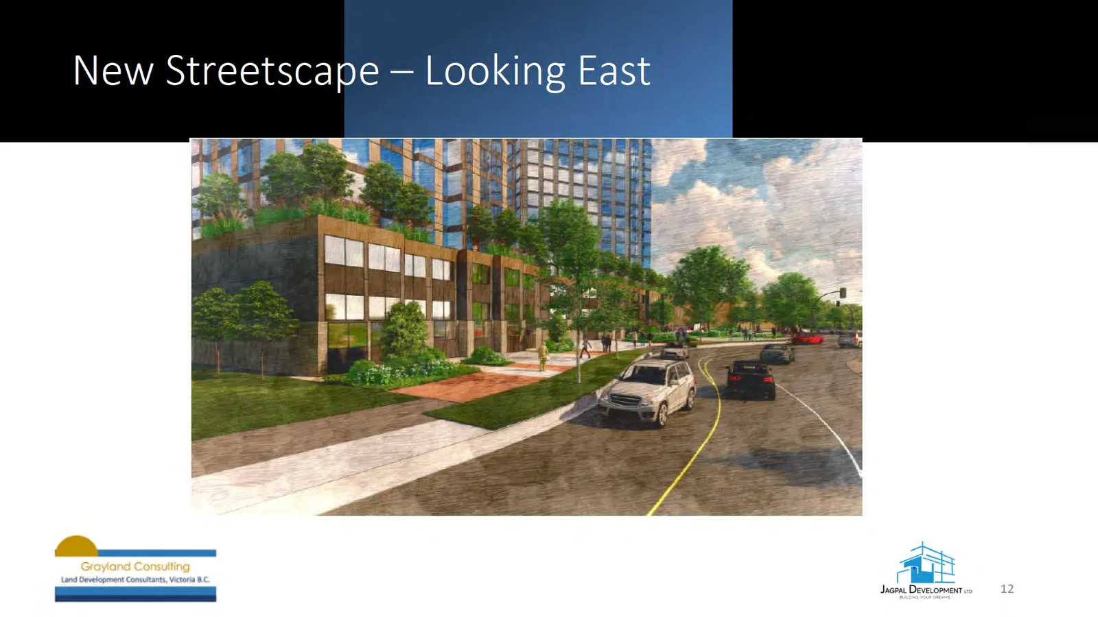 Rendering titled "Plaza Entrance" showing proposed plaza with people, trees, and fountain