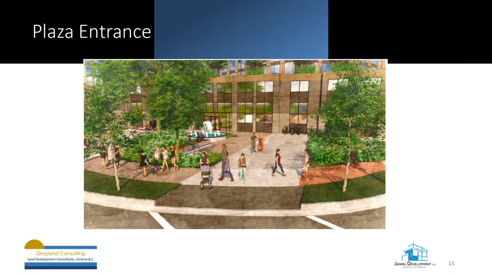 Rendering titled "Plaza View" showing aerial/oblique view of proposed plaza