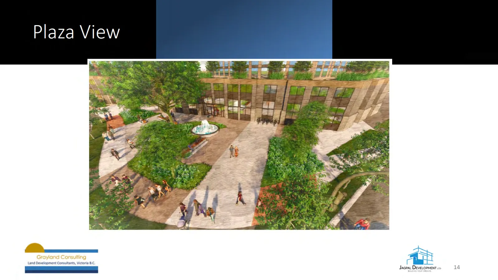Rendering titled "Streetscape - Looking West" showing proposed corner plaza and podium frontage