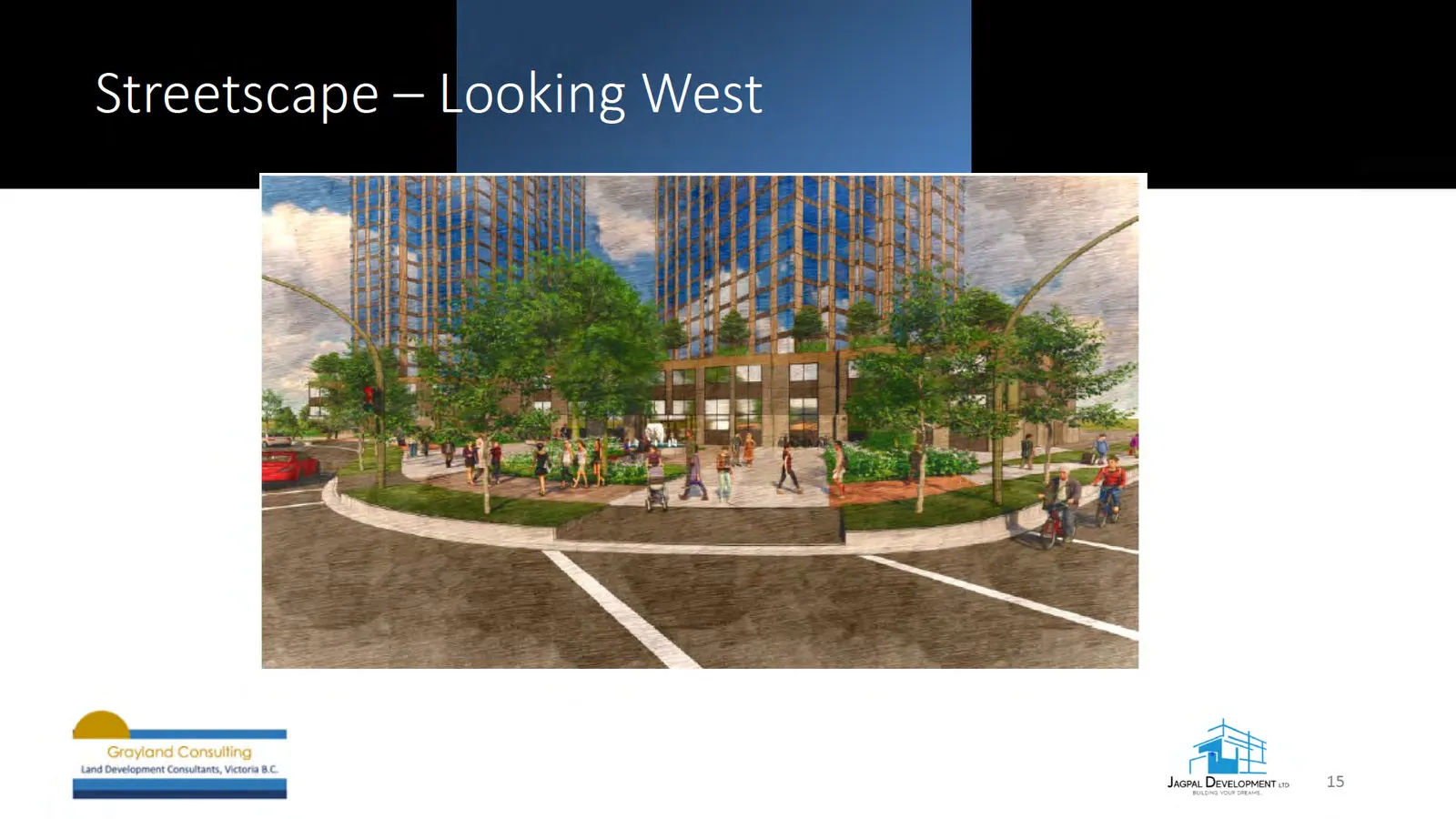 Architectural rendering titled "Dunford Crossing" showing two tall towers above a podium