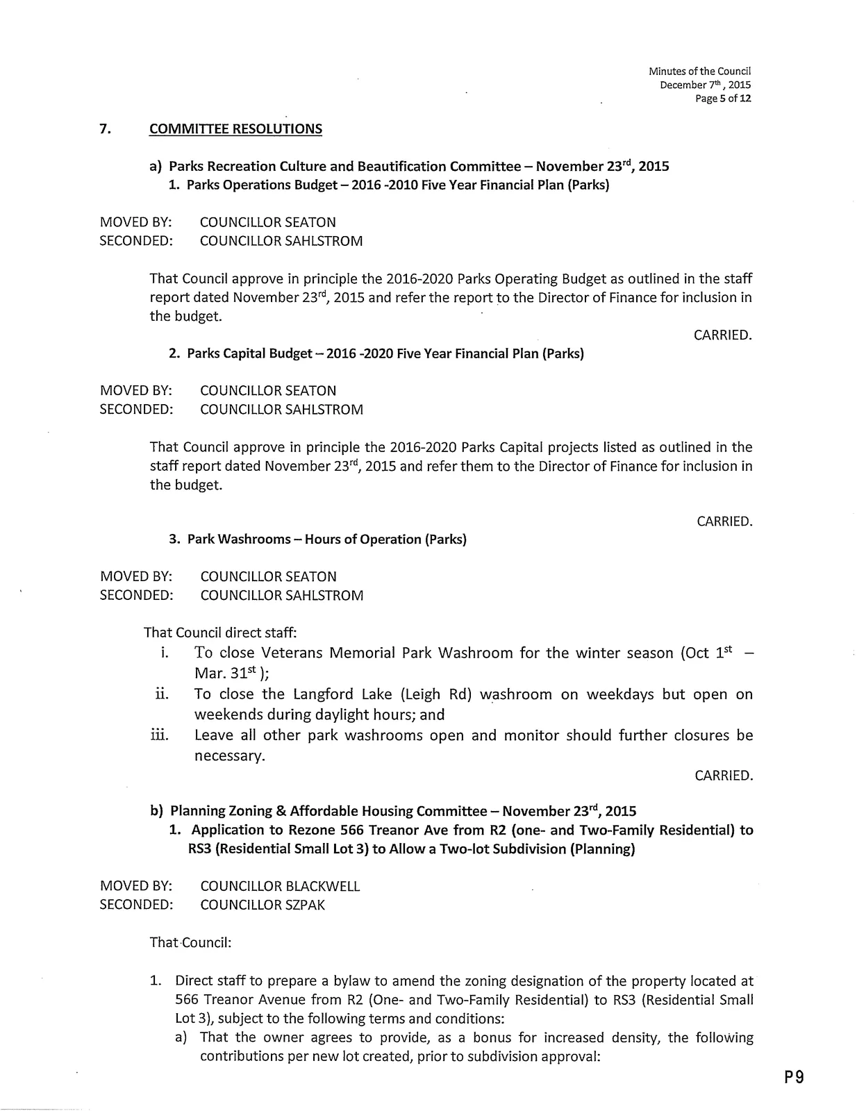 Scanned page of minutes showing Committee Resolutions (Parks Recreation Culture and Beautification Committee)