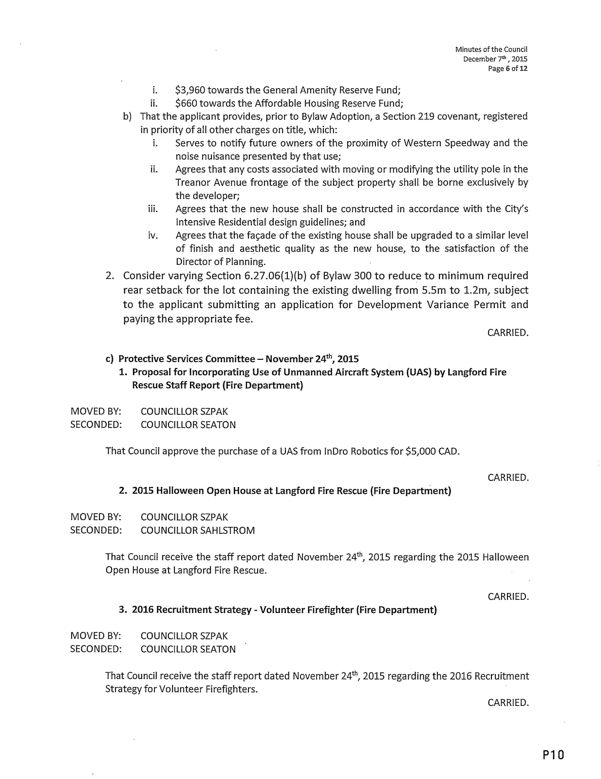 Scanned page of minutes showing Planning Zoning & Affordable Housing Committee resolutions and Protective Services Committee items