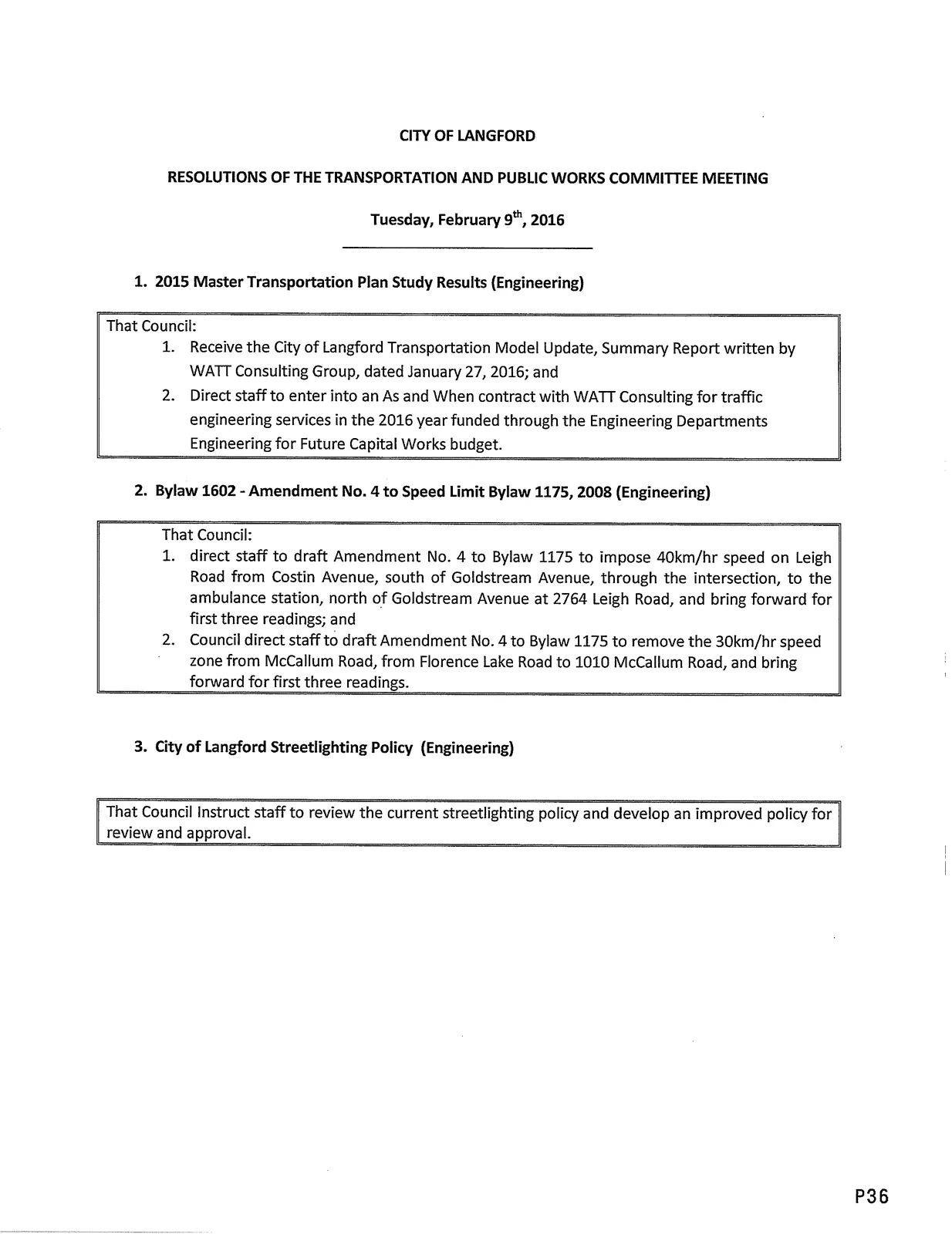 Resolutions of the Transportation and Public Works Committee meeting page
