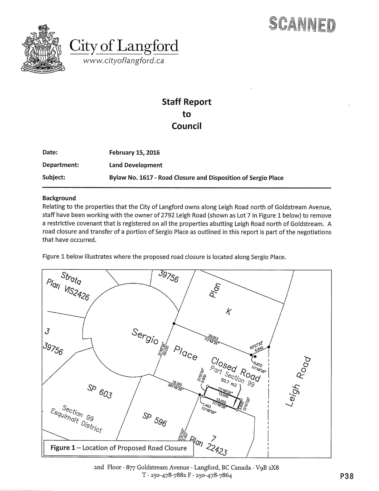 Location of Proposed Road Closure (map showing Sergio Place and Lot 7 at 2792 Leigh Road)