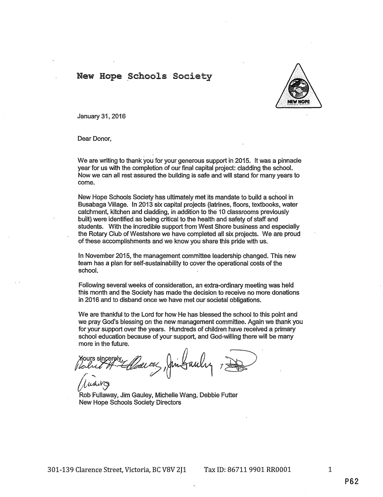 New Hope Schools Society letter to donors