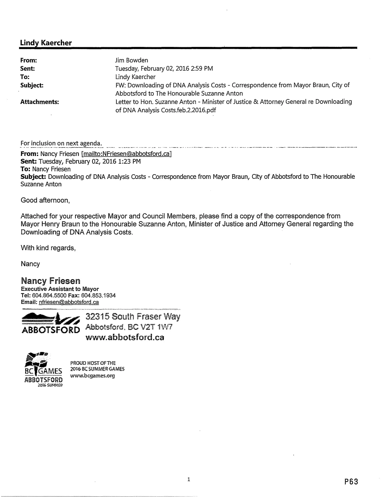 Email forwarding notice regarding DNA analysis costs