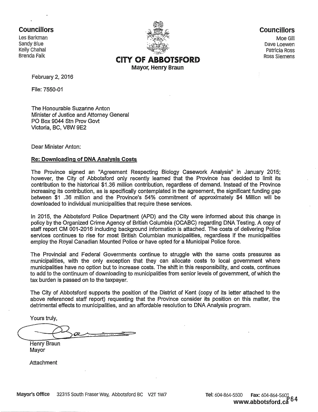 Letter from Mayor Henry Braun regarding Downloading of DNA Analysis Costs