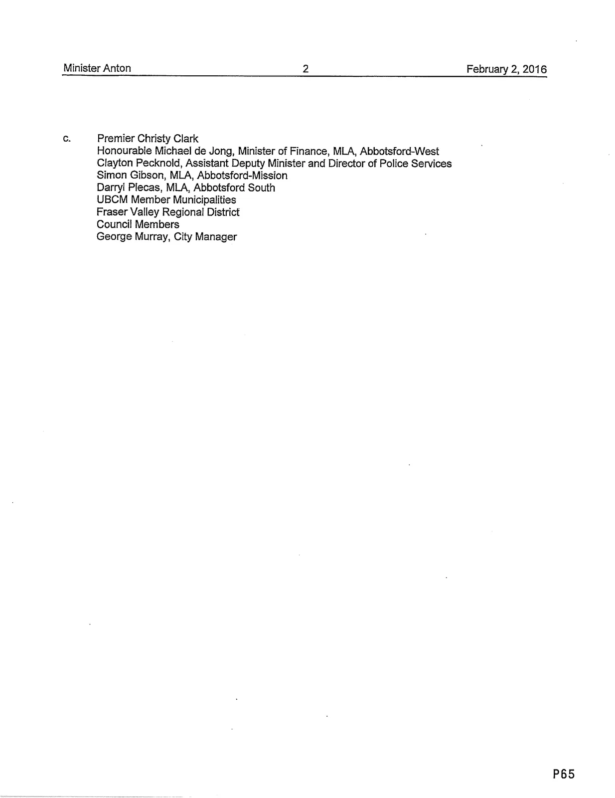 Continuation / cc list for Mayor Braun letter
