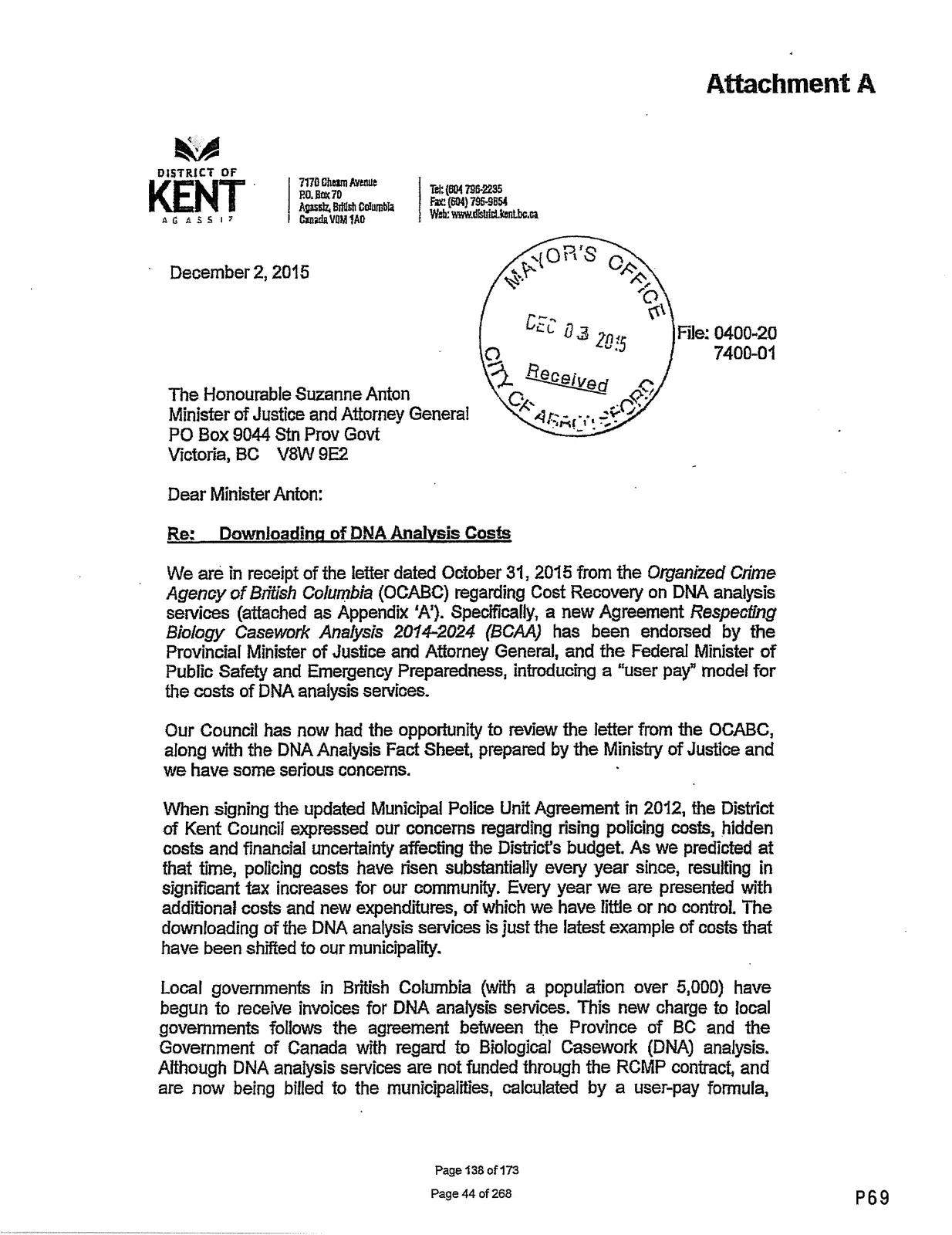 District of Kent letter to Minister Suzanne Anton
