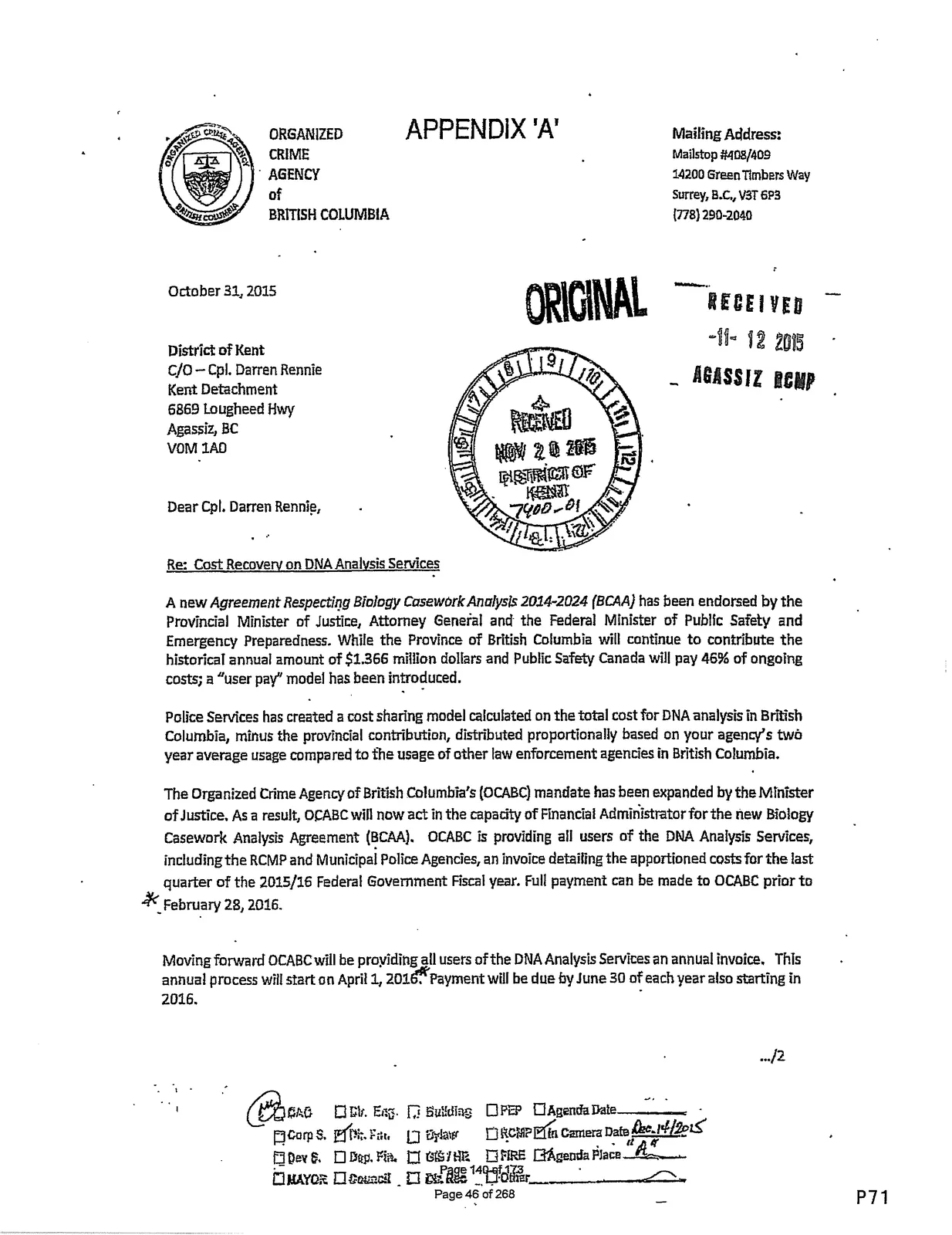 Organized Crime Agency of BC letter regarding Cost Recovery on DNA Analysis Services