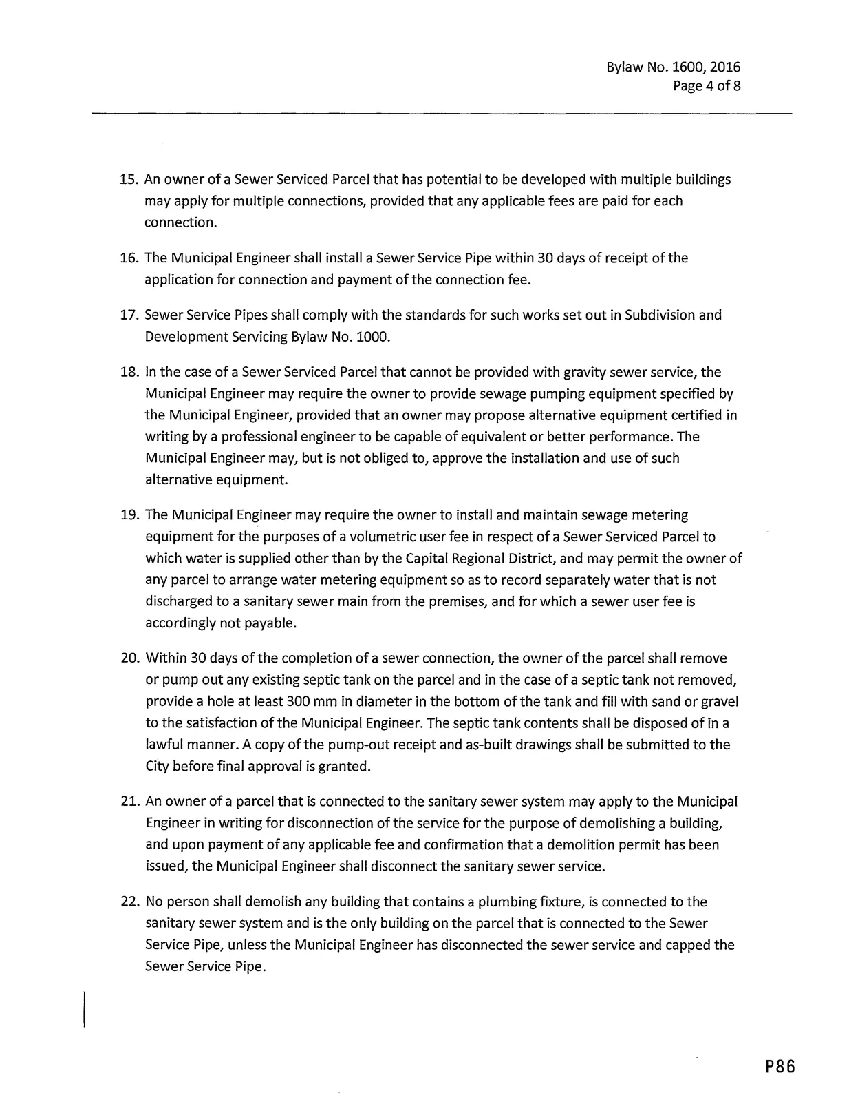 Page content showing Sections 15–22 including septic tank and disconnection requirements