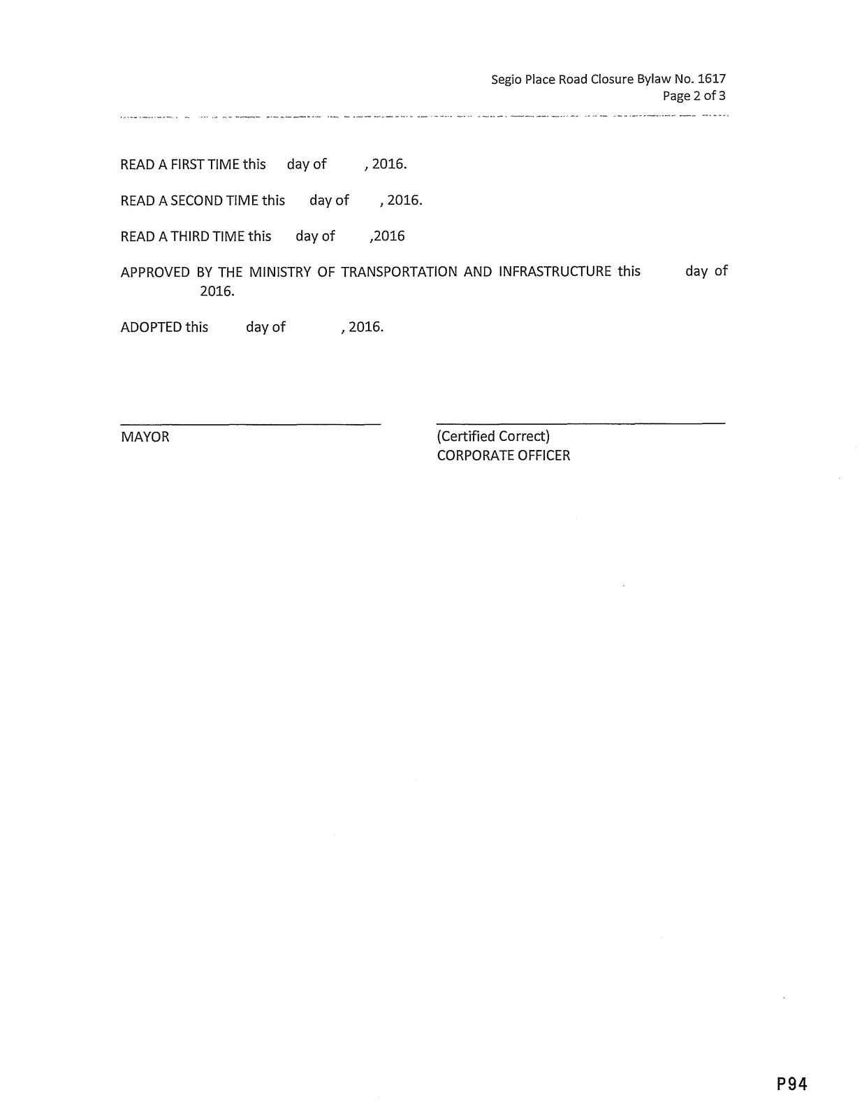 Bylaw reading and certification block