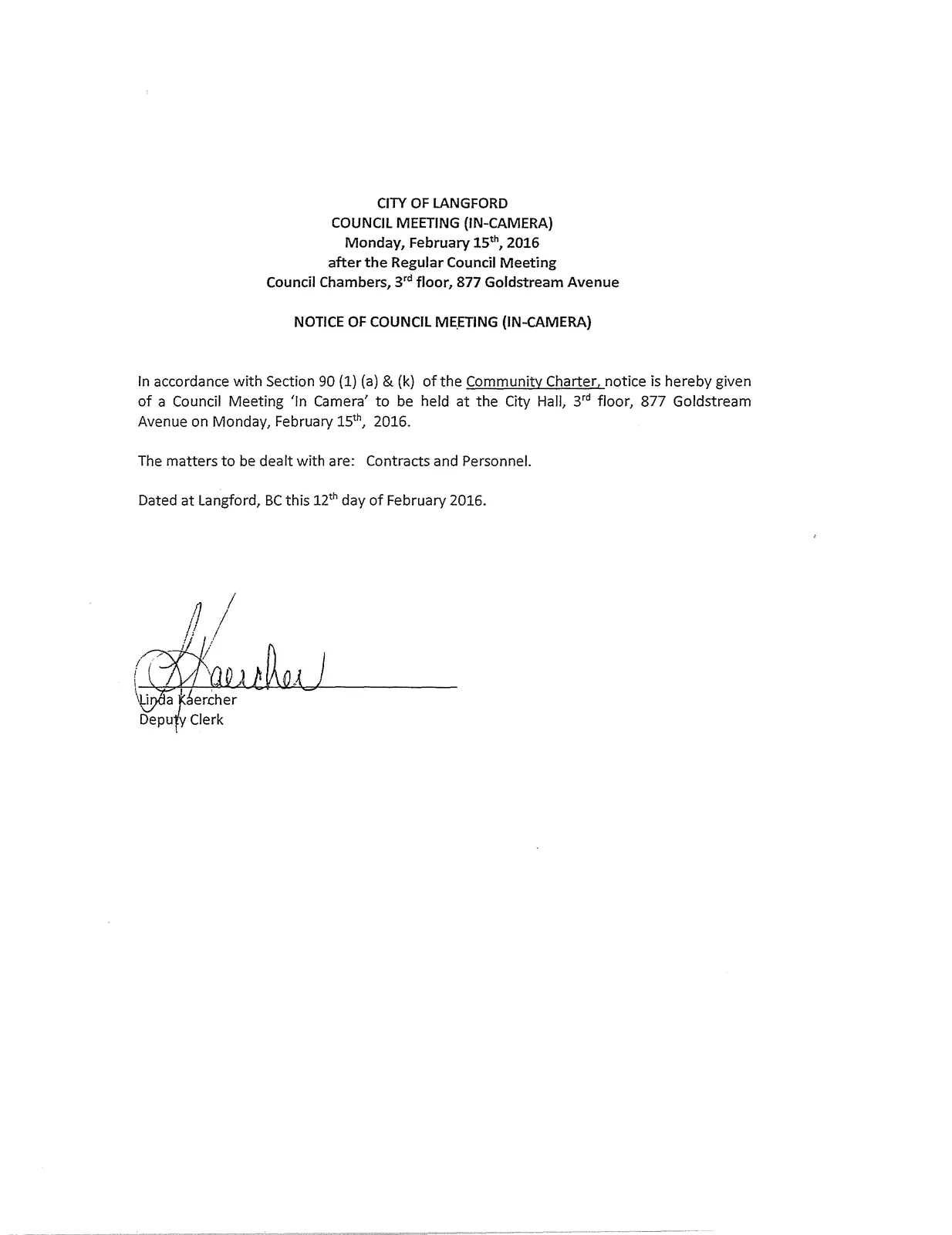 Notice of Council Meeting (In-Camera) document