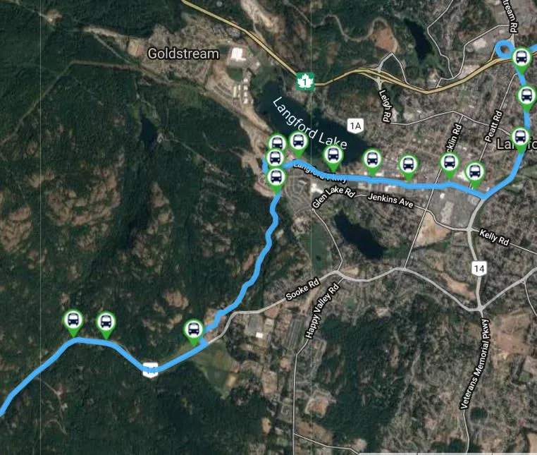 Bus Stops (green bus icons) along Route 65 shown in blue (BC Transit Website, 2019)
