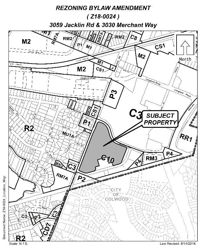 Location map showing subject property and surrounding zoning designations; map includes an arrow pointing to "SUBJECT PROPERTY", zoning labels such as C3, C10, P2, P3, M2, R2, RM3, RR1, and a North arrow