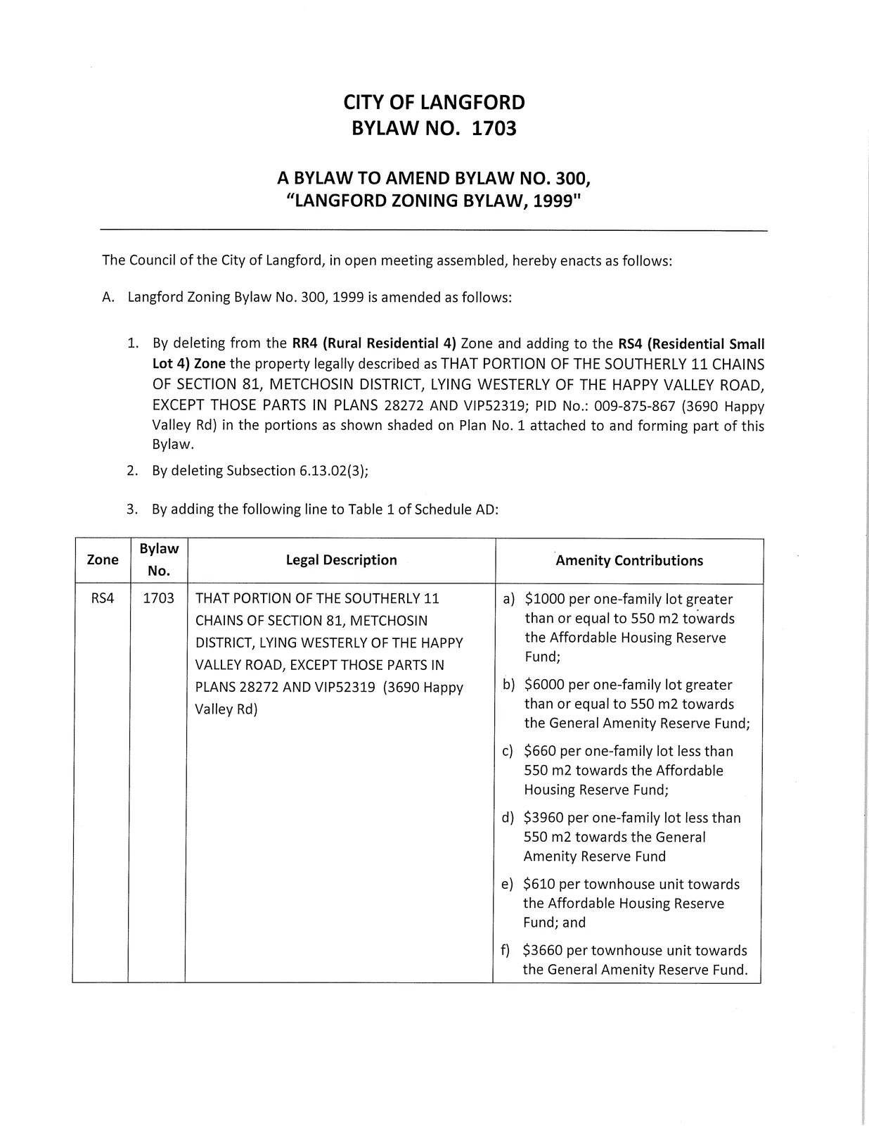 Scanned page image containing Bylaw No. 1703 text