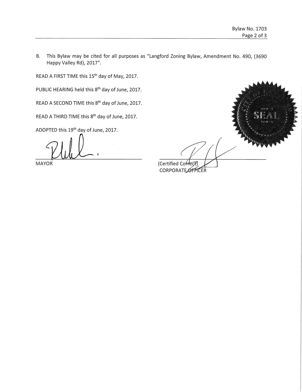 Scanned page image containing readings, public hearing, and adoption details