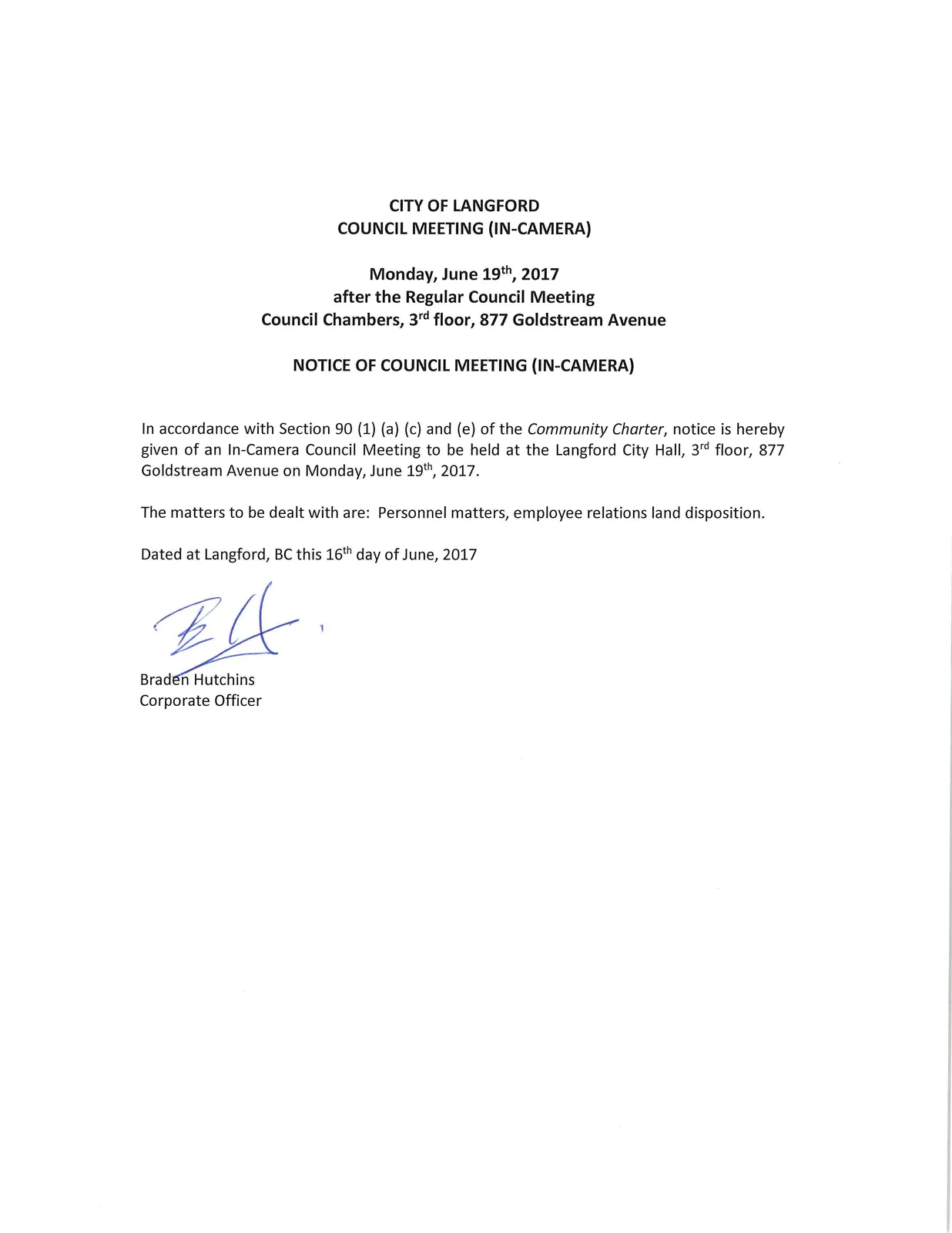 Scan of the Notice of Council Meeting (In-Camera)