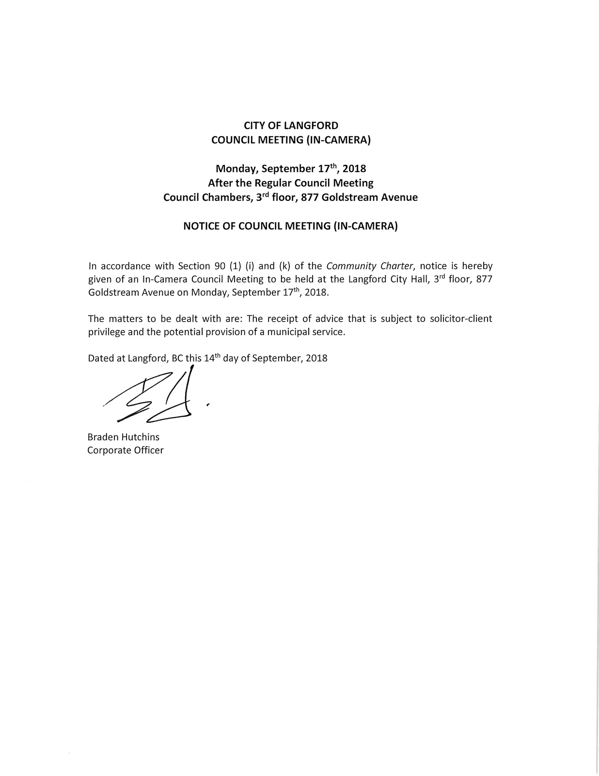 Notice of In-Camera Council Meeting page