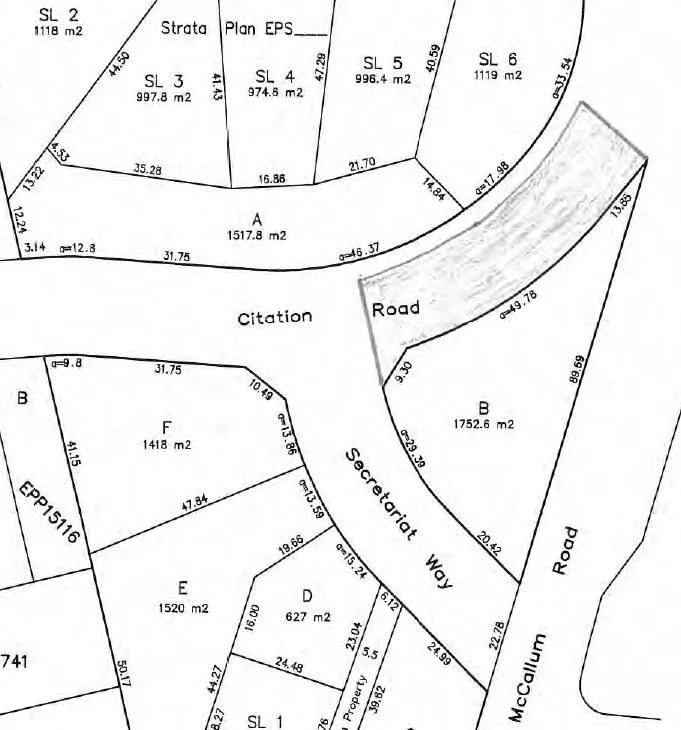Map showing approximate area of road closure and sale (shaded) along Citation Road; area to be absorbed into 2691 Secretariat Way