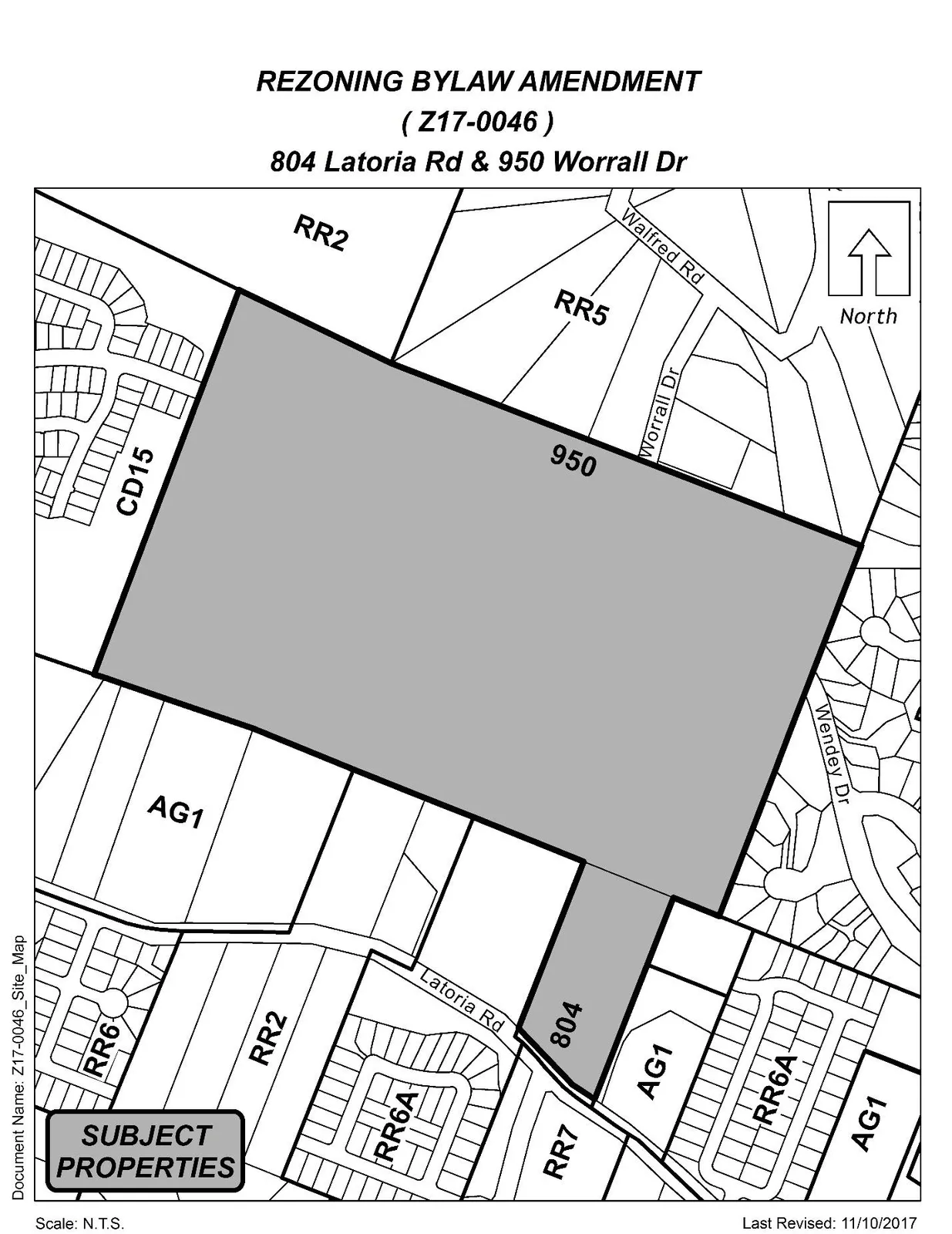 Rezoning bylaw amendment site map for 804 Latoria Rd & 950 Worrall Dr