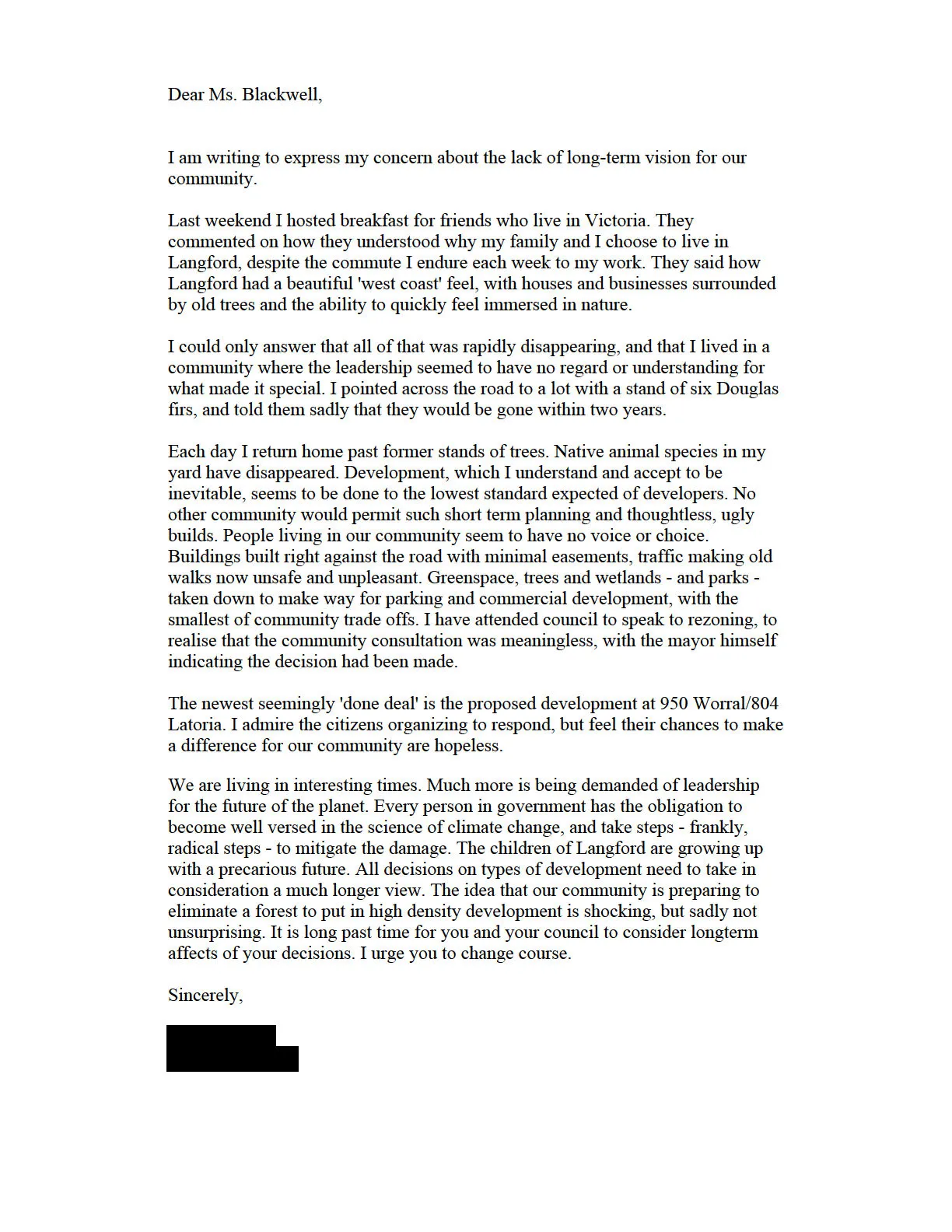 Photograph or scanned letter page — appears to be the body of a complaint/letter about a public meeting chaired by Denise Blackwell