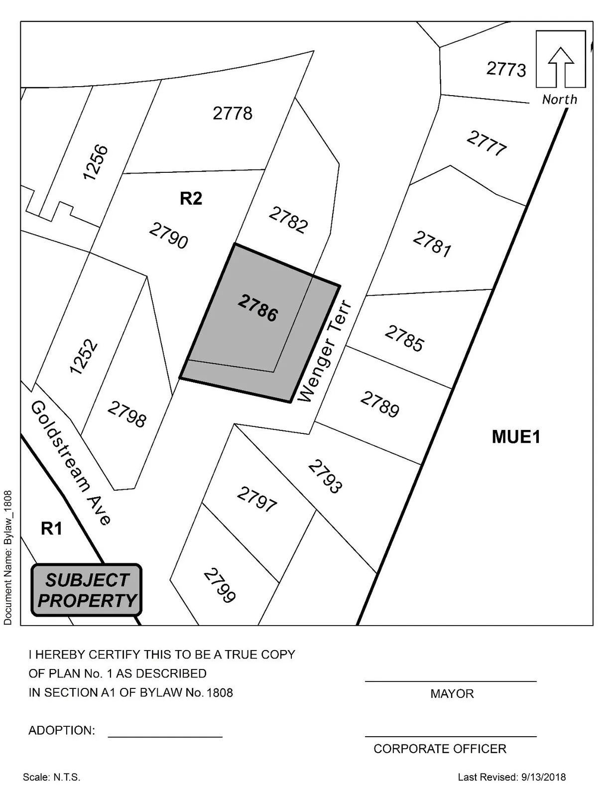 Plan No. 1 showing the portions of LOT 1 (2786 Wenger Terrace) shaded as referenced in the Bylaw