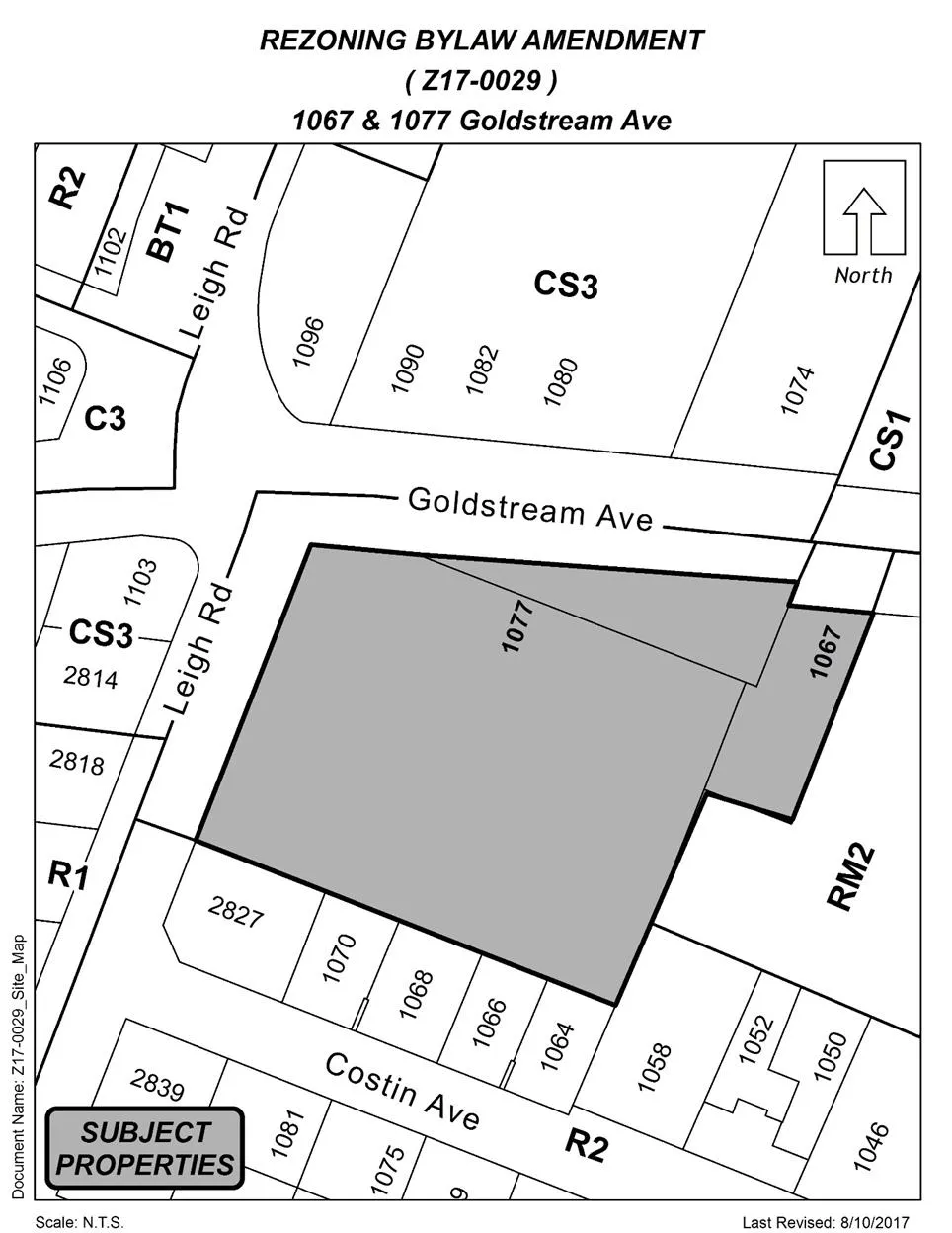 Site plan showing 1067 and 1077 Goldstream Avenue shaded
