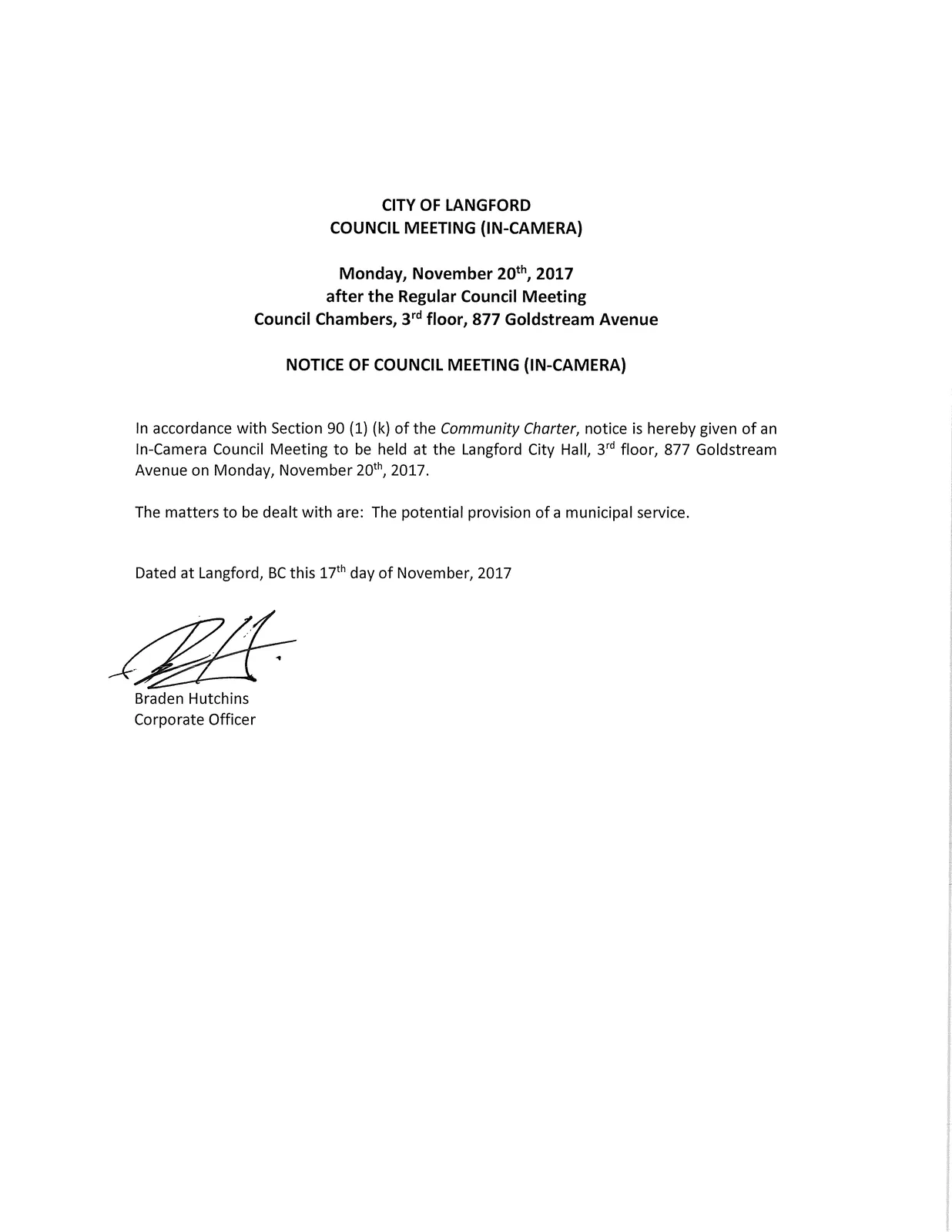 Notice of Council Meeting (In-Camera) page