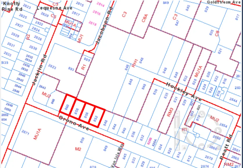 Map showing subject properties highlighted and the zoning designations of adjacent properties
