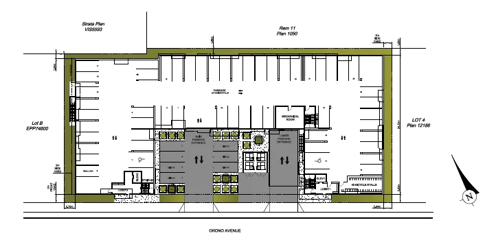 Site plan showing landscaping and parking areas as well as ground floor enclosed parking layout