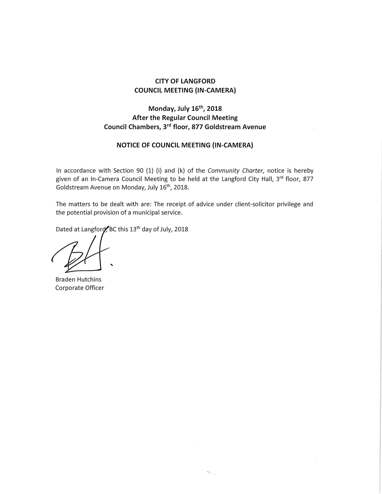 Notice of Council Meeting (In-Camera) full page