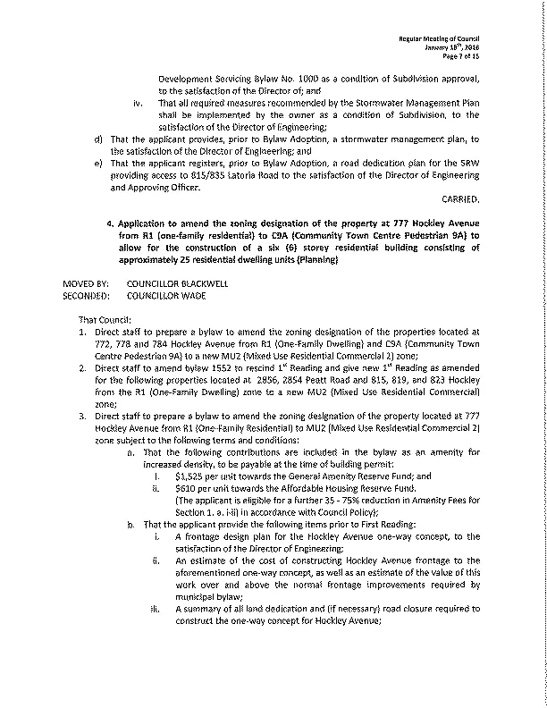 scanned page of Regular Meeting of Council (January 18th, 2016) showing MU2 application and part of the five year financial plan