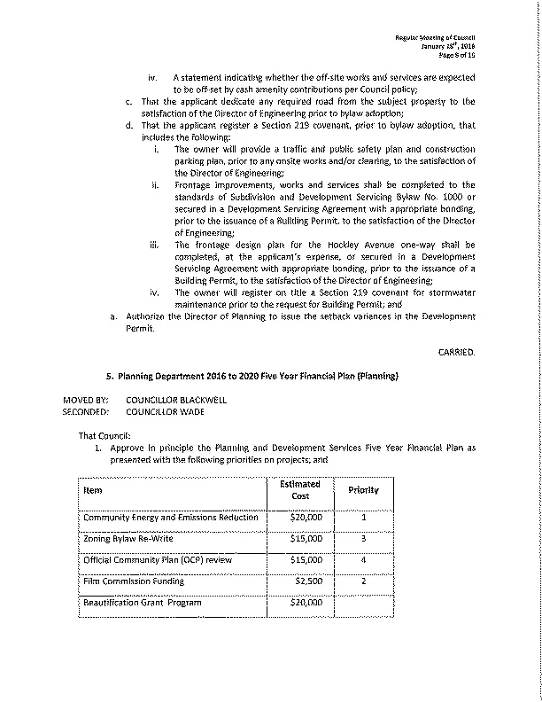 scanned page of Regular Meeting of Council (January 18th, 2016) showing continuation of MU2 conditions and the Planning Department 2016 to 2020 Five Year Financial Plan table