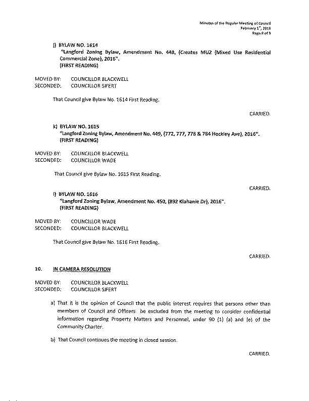 scanned page of Minutes of the Regular Meeting of Council (February ft, 2016) showing Bylaw Nos. 1614-1616 and the In Camera resolution