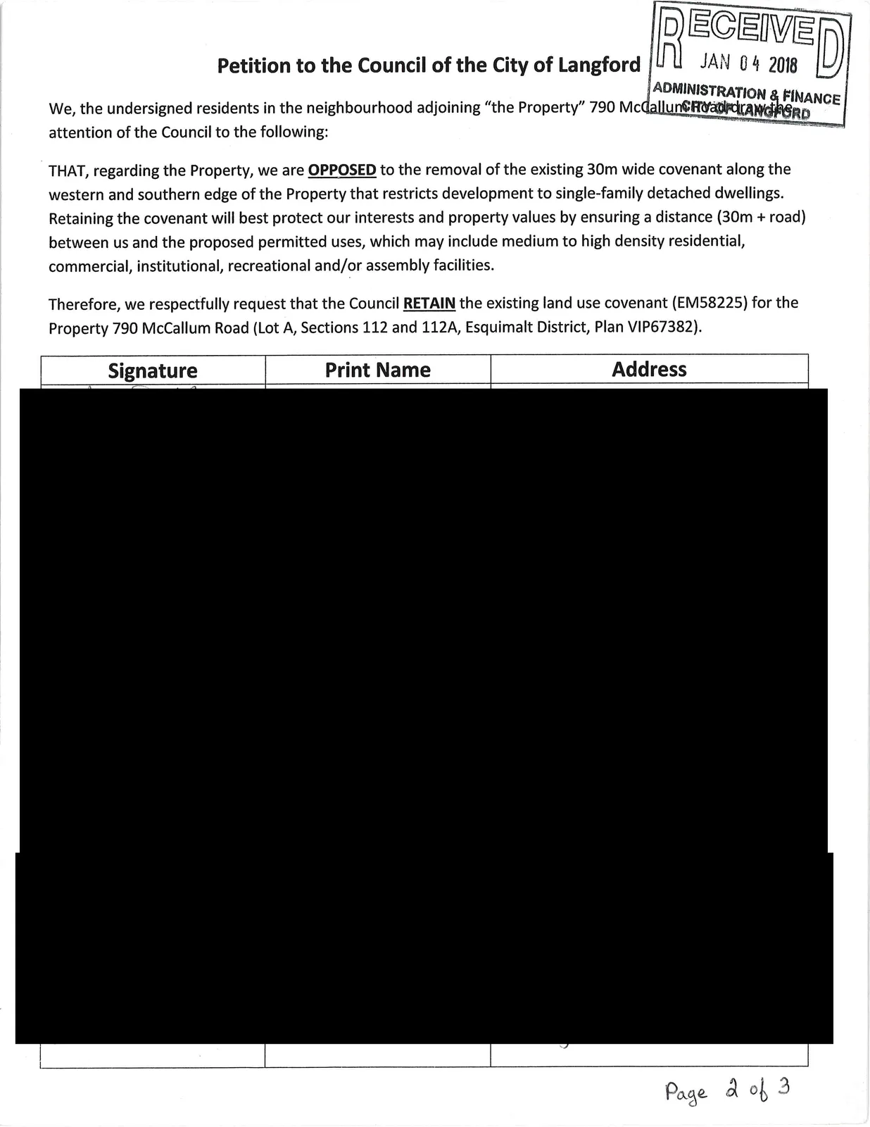 Three pages of the petition with signatures; content redacted in images