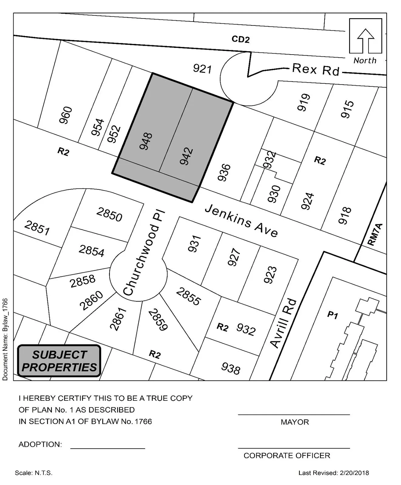 Schedule A map for Bylaw No. 1766 — portions shown shaded (942 & 948 Jenkins Ave)