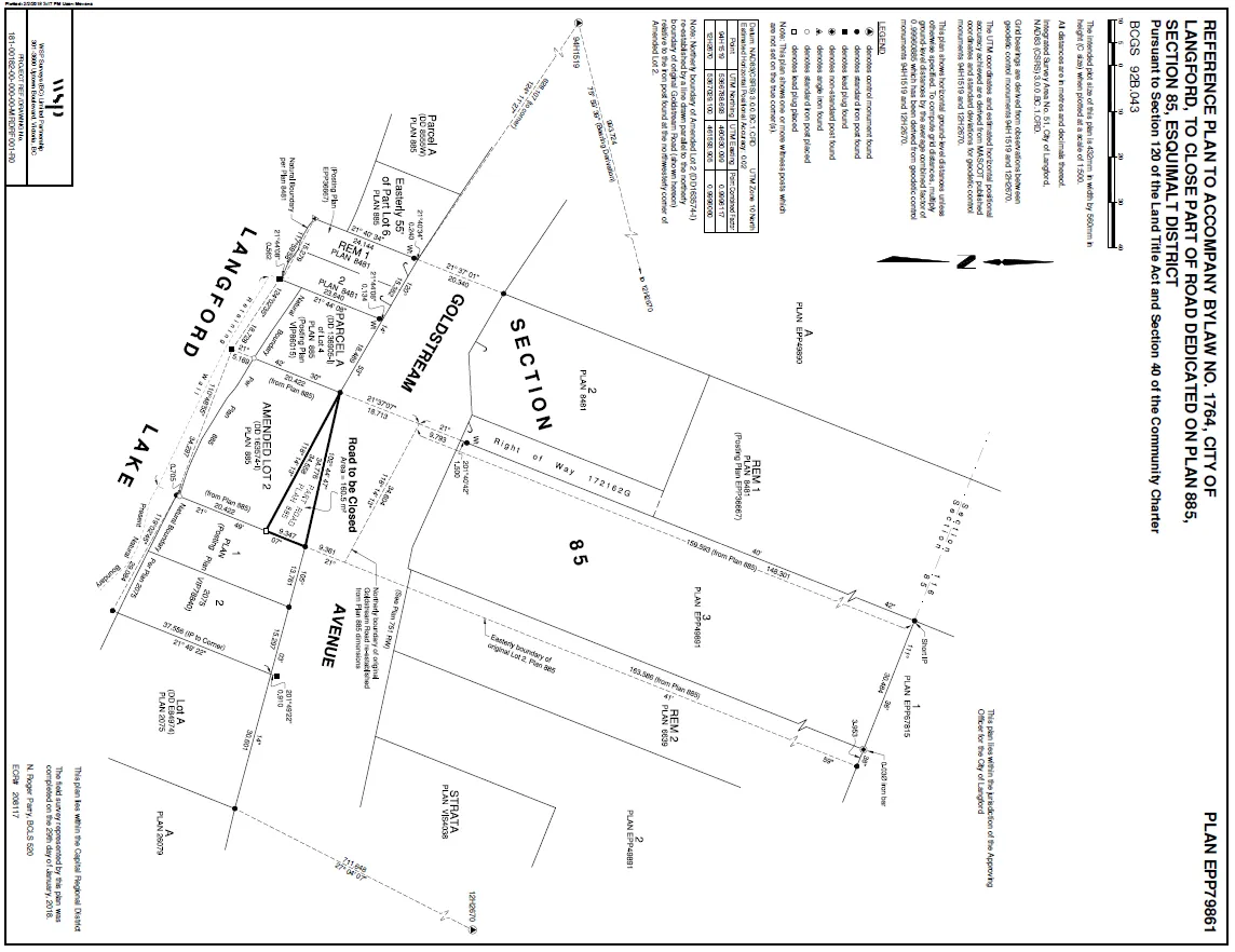 Reduced reference plan for Road Closure Bylaw No. 1764 — Road to be Closed (Plan 885)