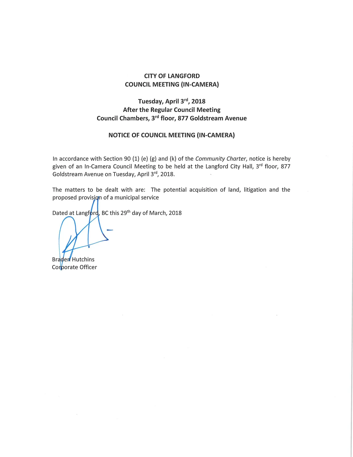 Notice of Council Meeting (in-camera) — scanned document