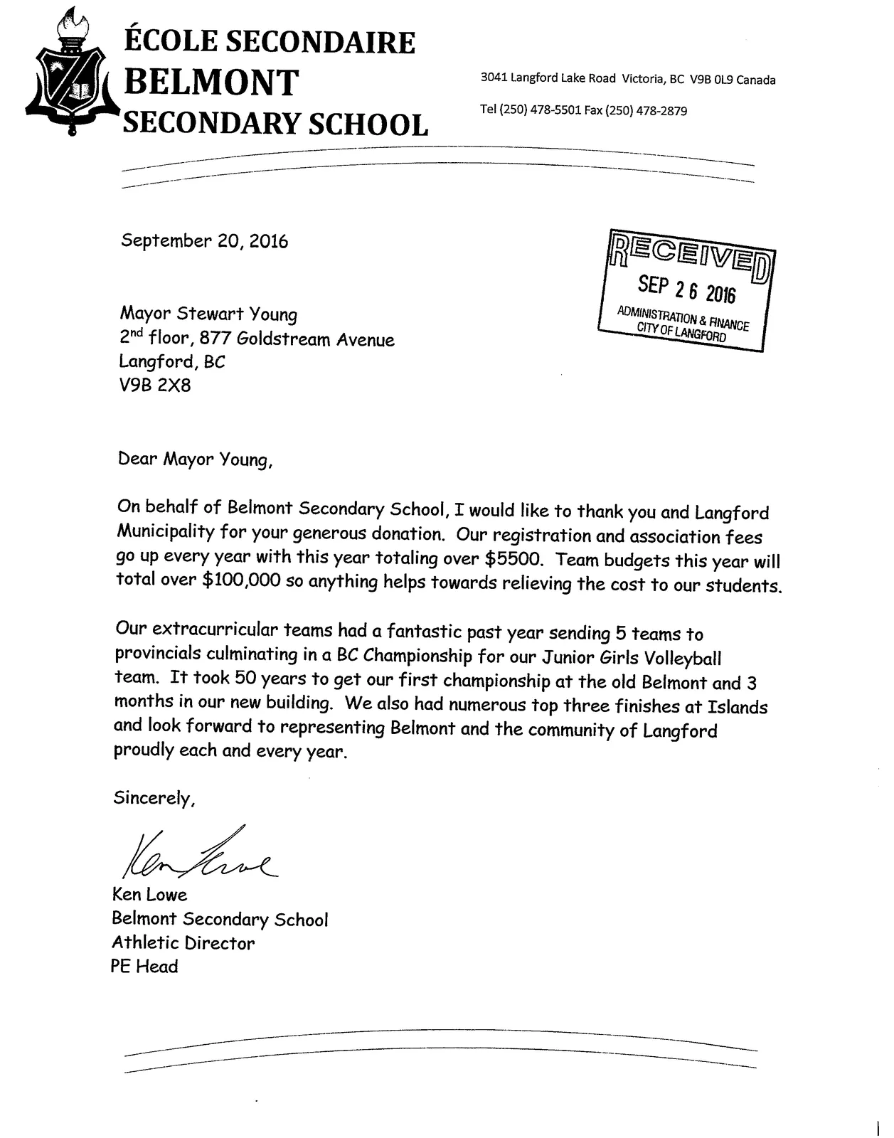 Letter from Belmont Secondary School to Mayor Stewart Young
