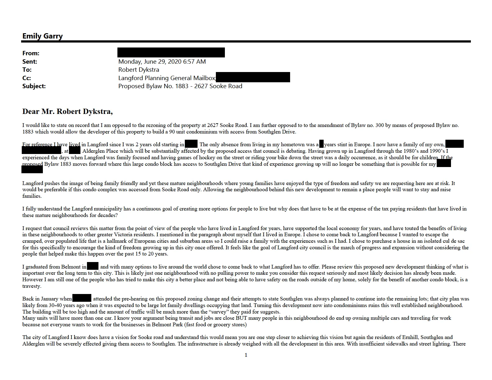 scanned letter regarding rezoning at 2627 Sooke Road (resident submission)