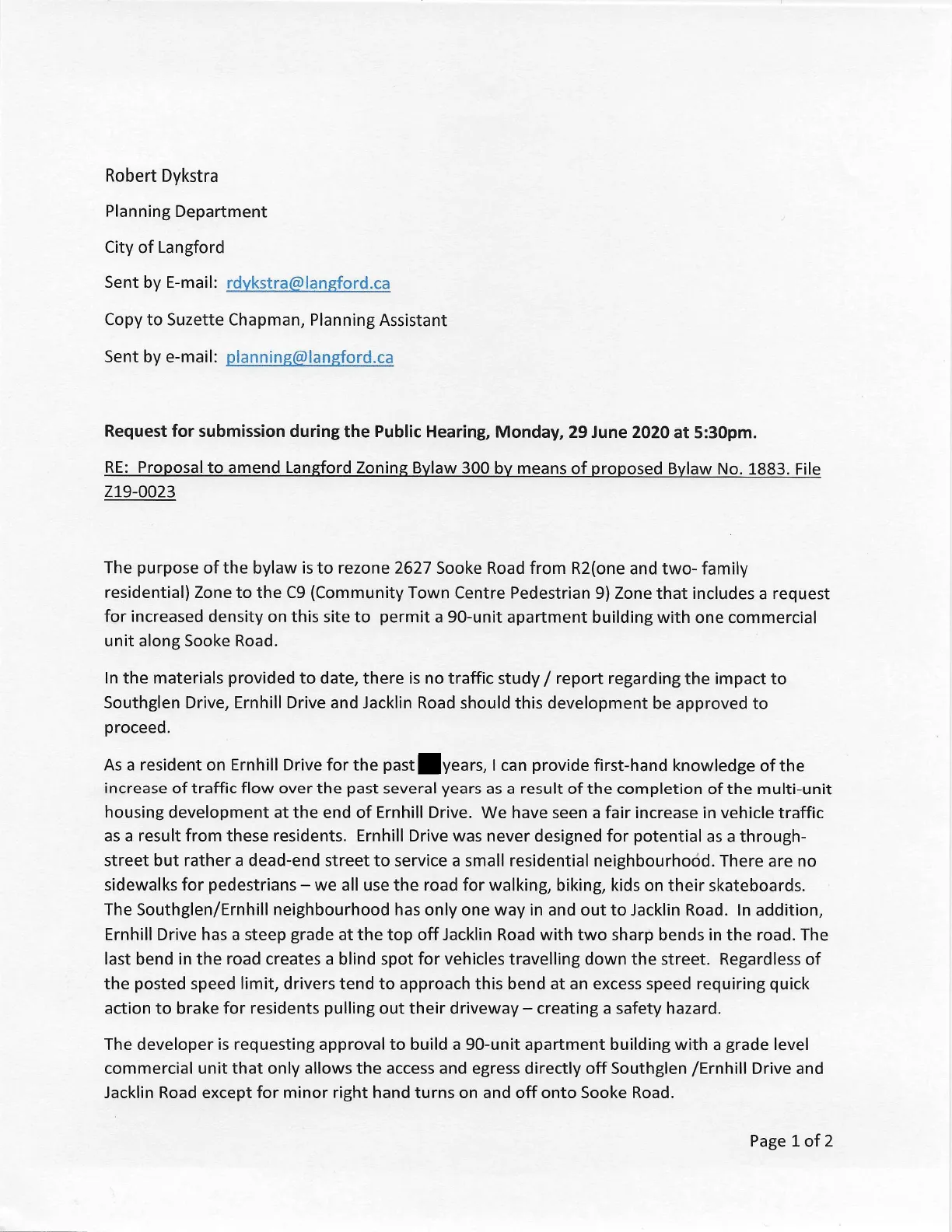 scanned letter regarding rezoning at 2627 Sooke Road (resident submission)