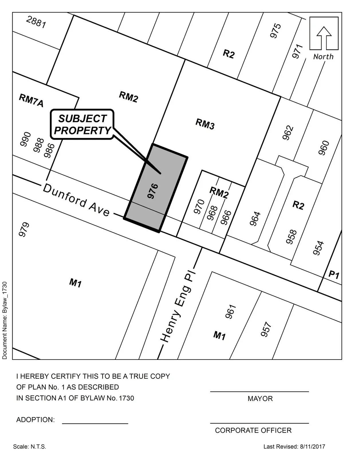Plan No. 1 showing the property shaded (LOT A, SECTION 79, ESQUIMALT DISTRICT, PLAN 26317; PID No. 000-062-057; 976 Dunford Ave)