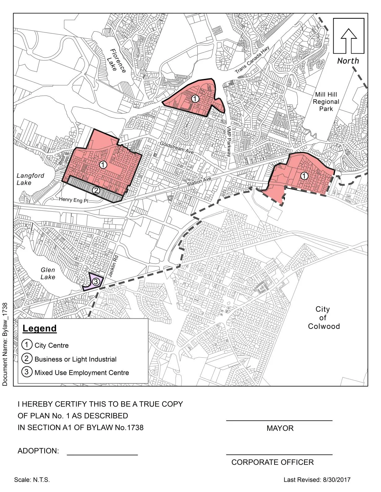 Map showing three shaded study areas within the municipality, labeled locations (1, 2, 3), local lakes and parks, and a North arrow