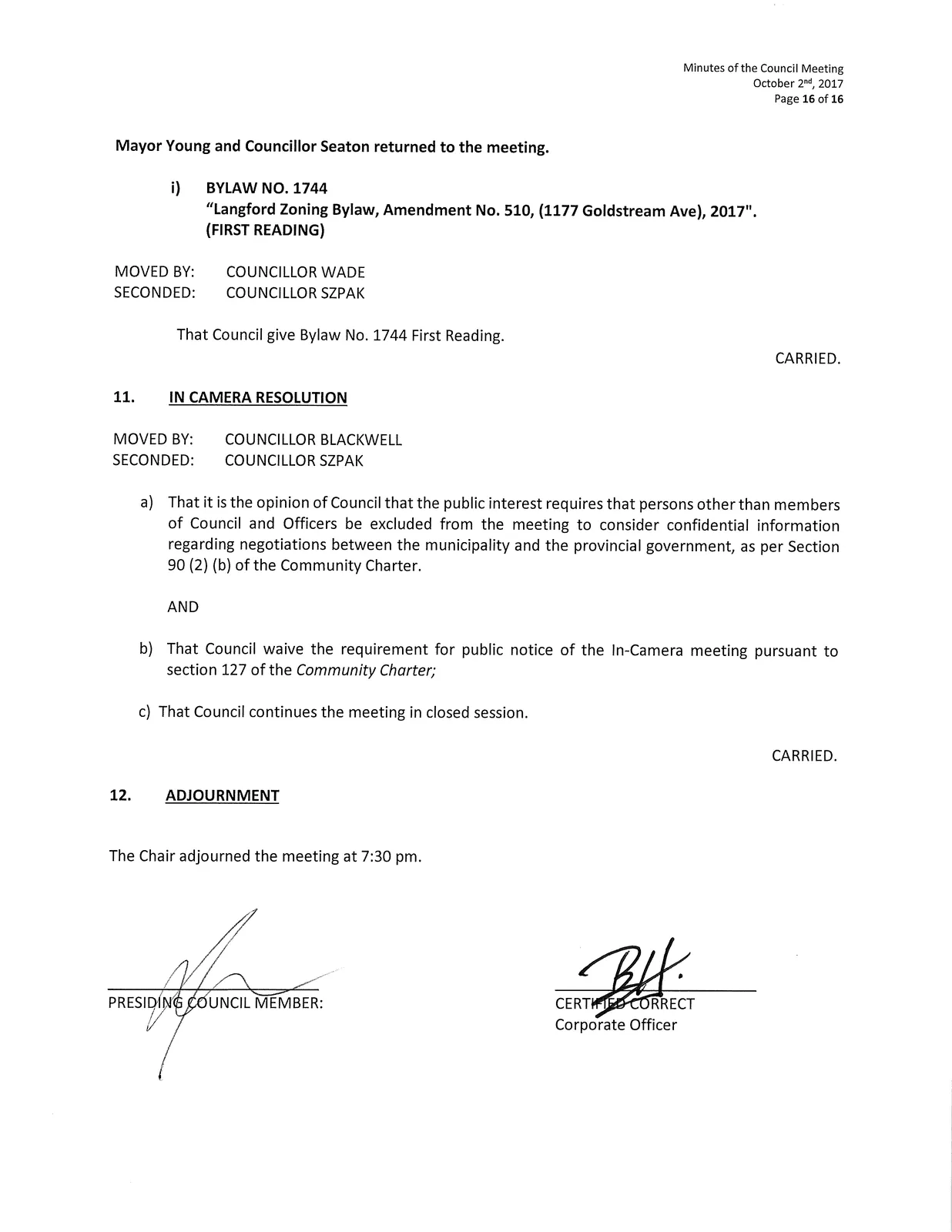 Bylaw 1744 first reading and in-camera resolution